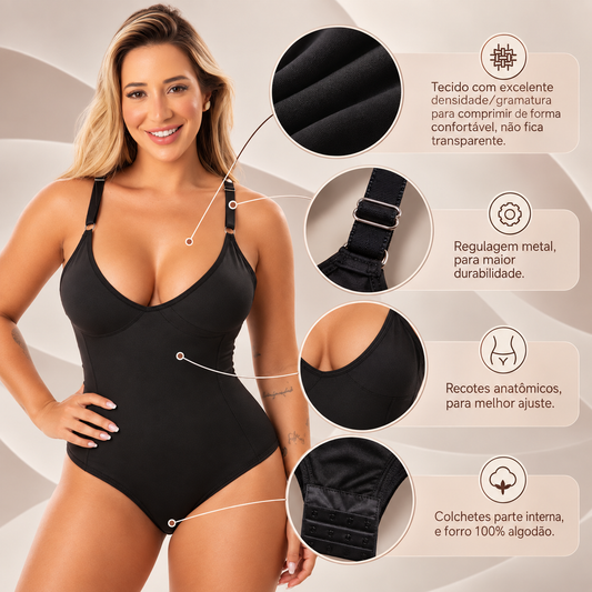 Body modelador Aurora preto vestido, com detalhes do tecido, da regulagem de metal, dos recortes e dos colchetes