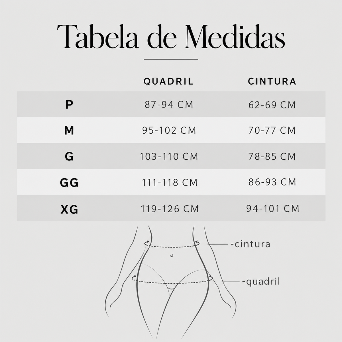 Tabela de medidas da calcinha modeladora Bellafirm com quadril e cintura em centímetros