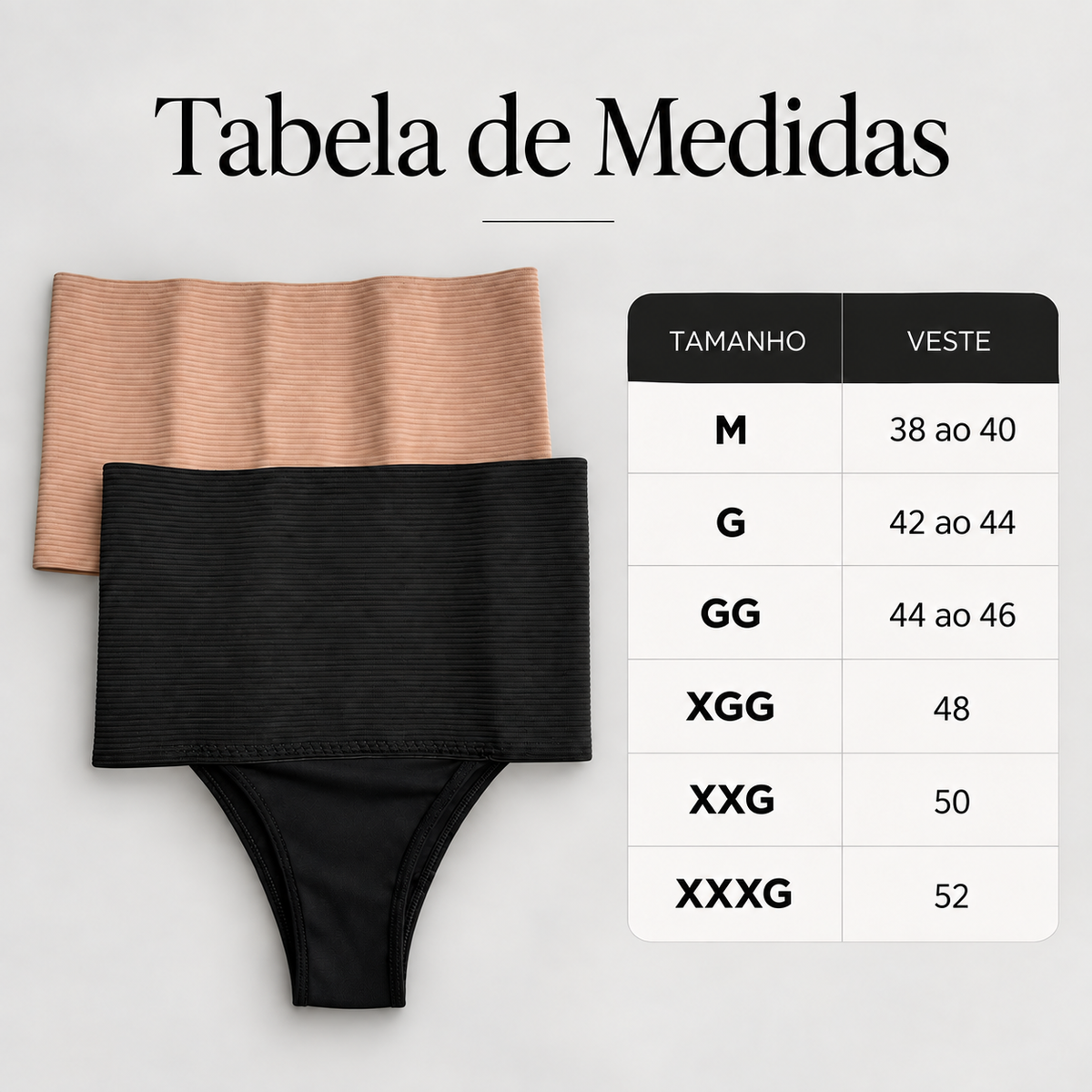 Tabela de medidas da calcinha com cinta Aconchego, do M ao XXXG