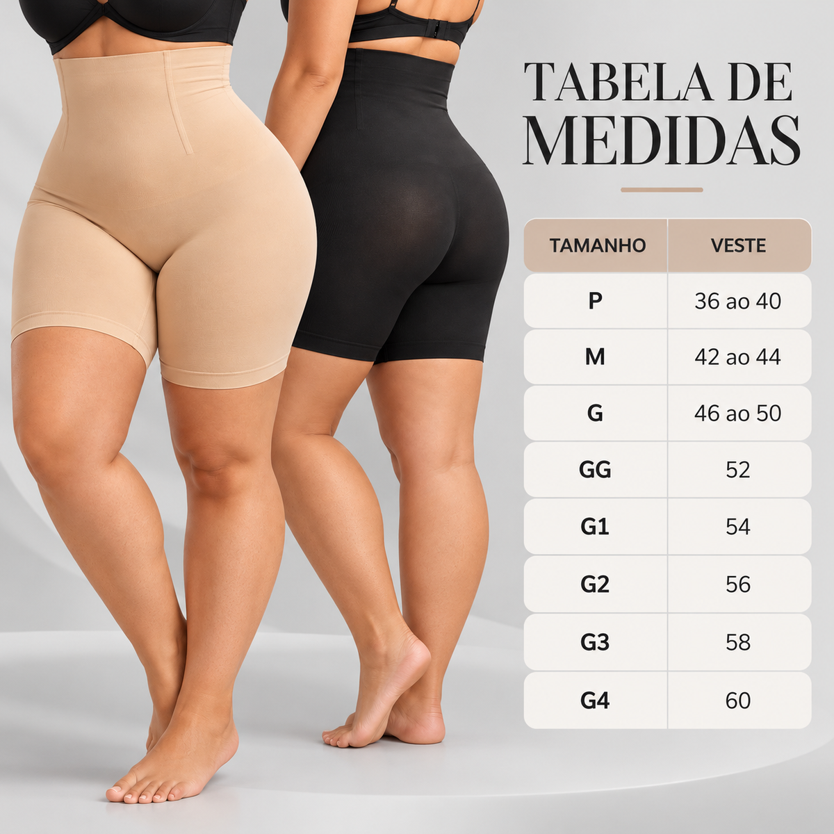 Tabela de medidas do short modelador Bellaform, do P ao G4, com a numeração equivalente