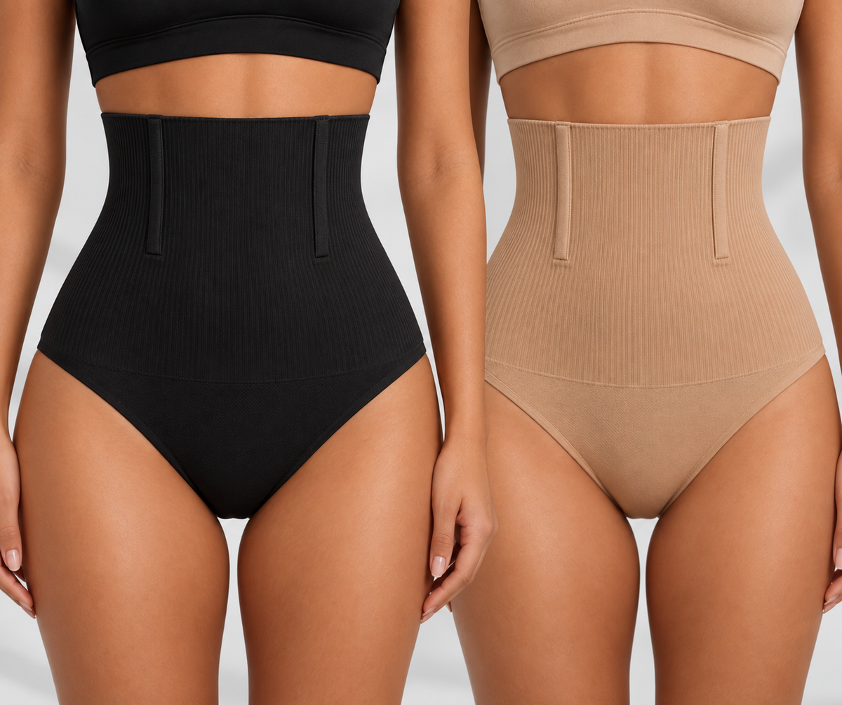 Calcinhas modeladoras Serena preta e bege de cintura alta vestidas lado a lado, com barbatanas no cós