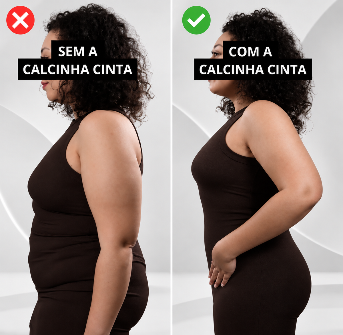 Comparação de perfil com vestido justo, sem e com a calcinha modeladora Serena