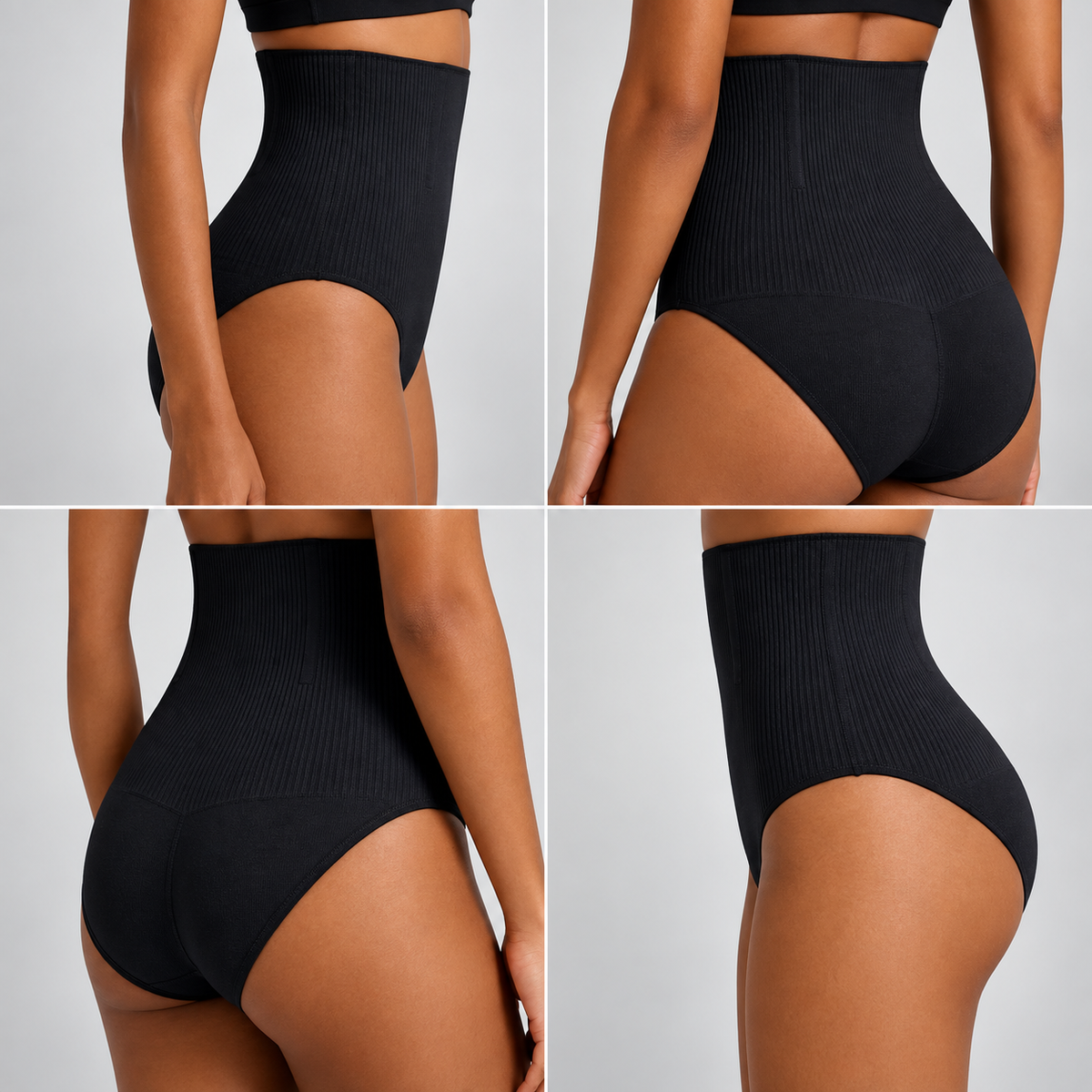Calcinha modeladora Serena preta vestida em quatro ângulos de costas e de lado