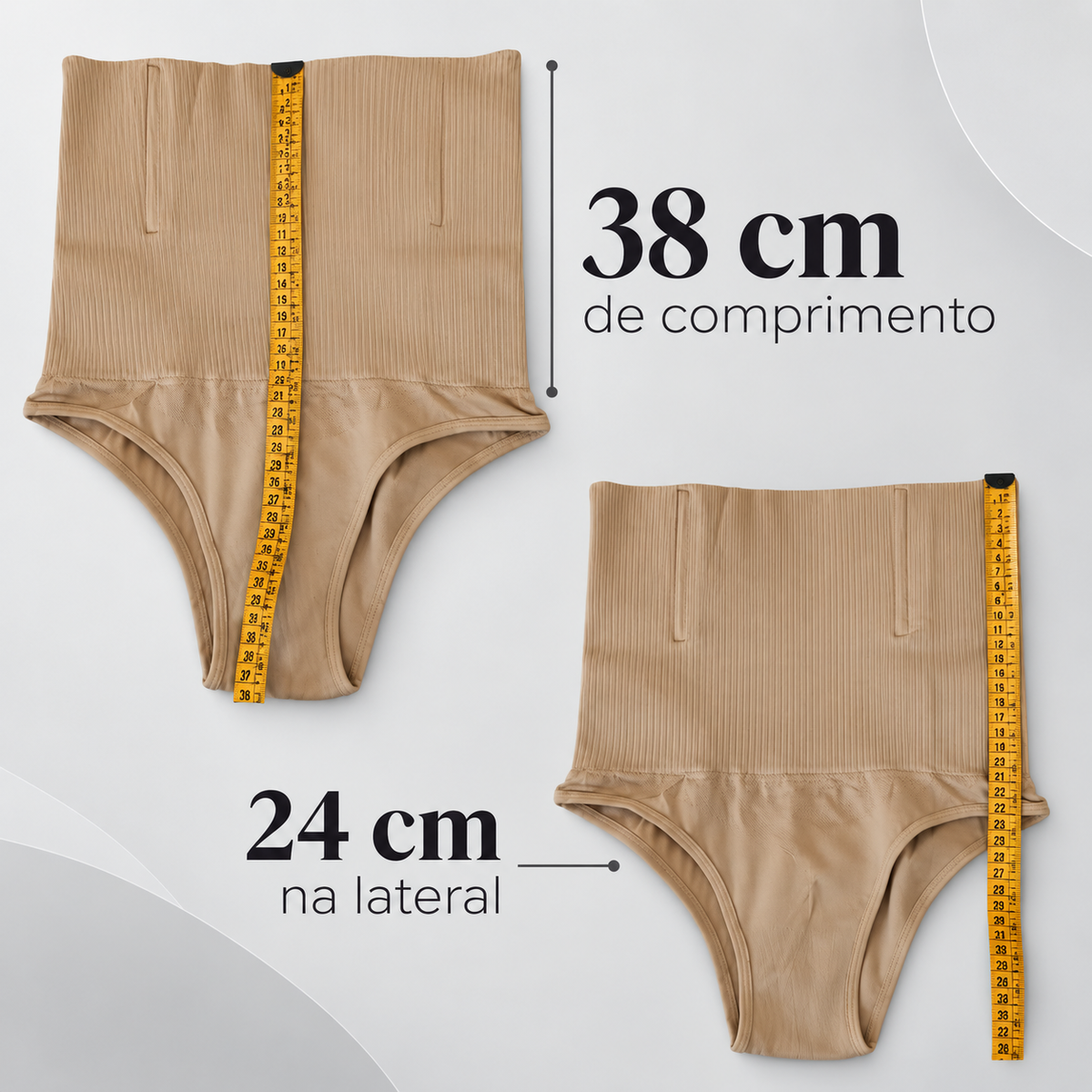 Calcinha modeladora Serena bege com fita métrica: 38 cm de comprimento e 24 cm na lateral