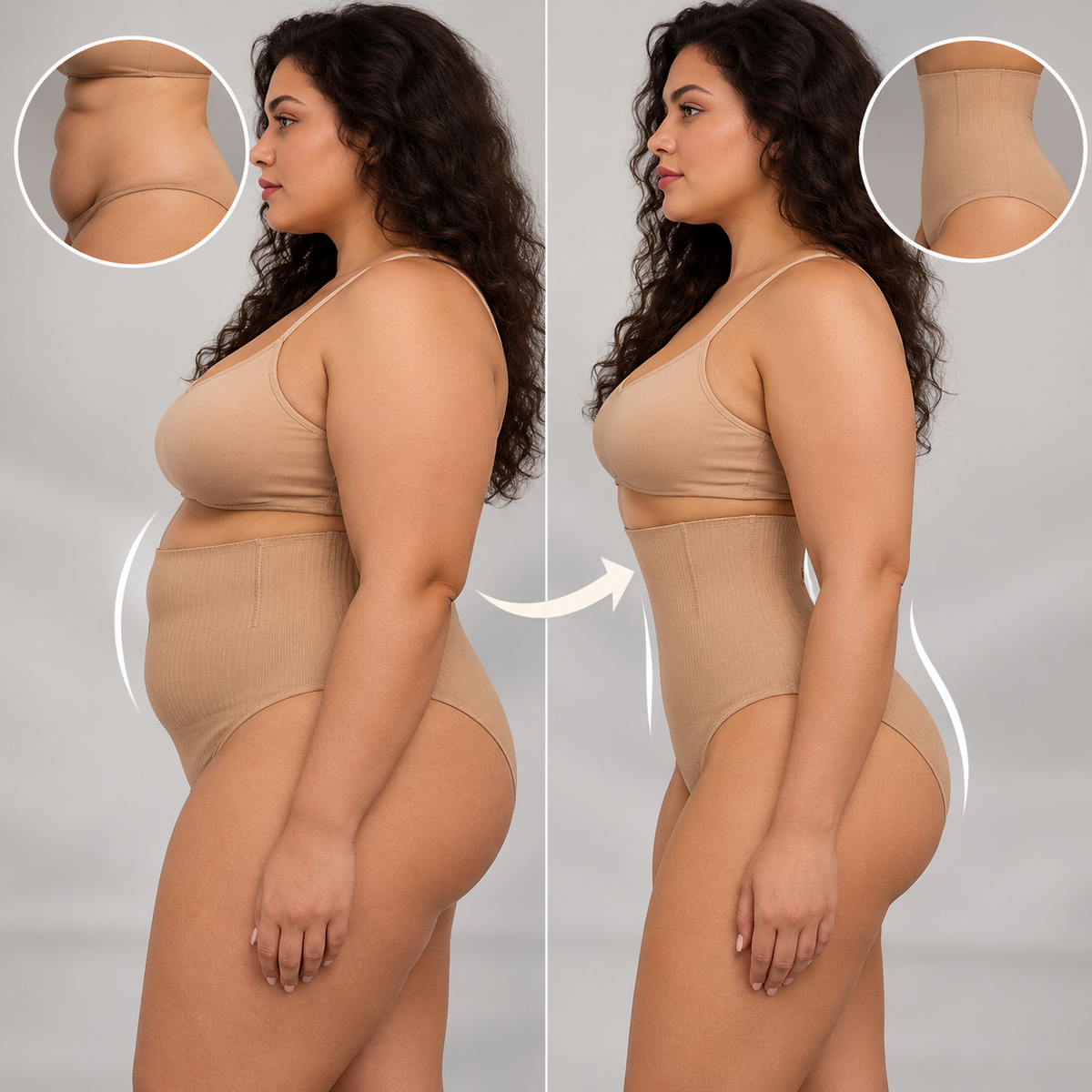 Comparação de perfil antes e depois de vestir a calcinha modeladora Serena bege