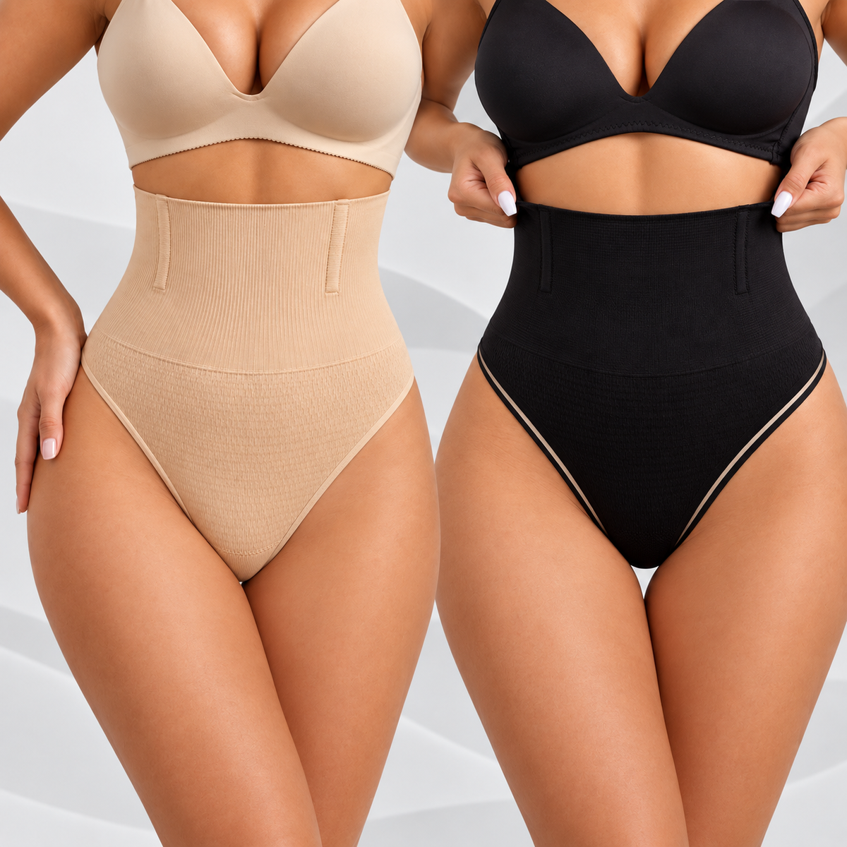 Calcinhas modeladoras fio dental Pétala bege e preta de cintura alta vestidas lado a lado