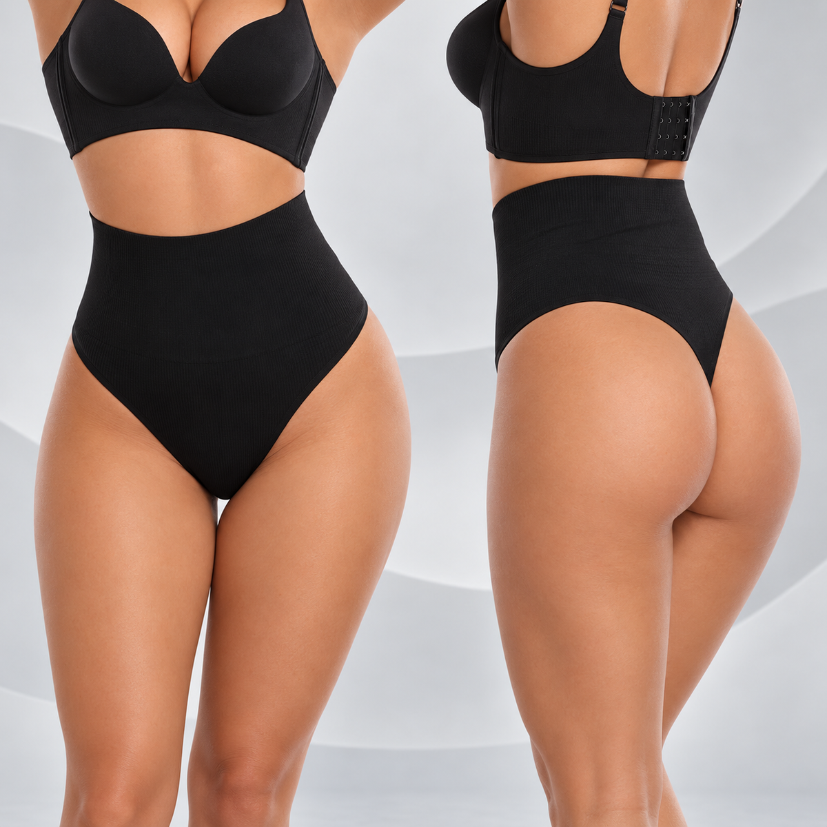 Calcinha modeladora fio dental Pétala preta vestida de frente e de costas