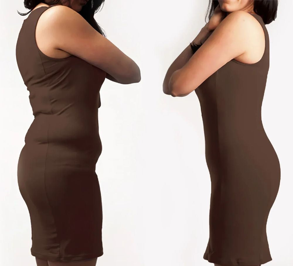 Comparação de silhueta com vestido marrom, sem e com a calcinha modeladora fio dental Pétala