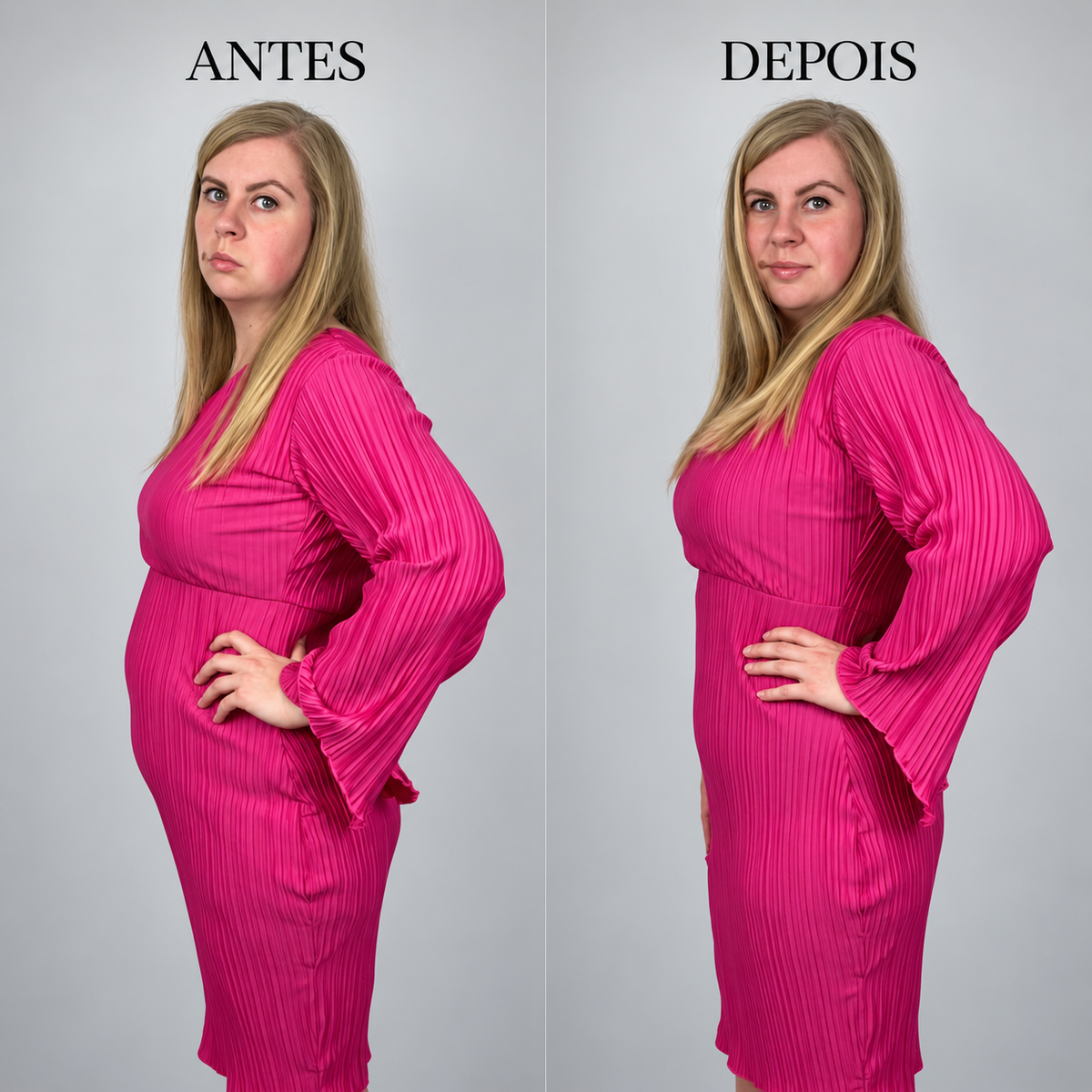 Comparação de perfil antes e depois com vestido rosa, sem e com o body modelador Aurora