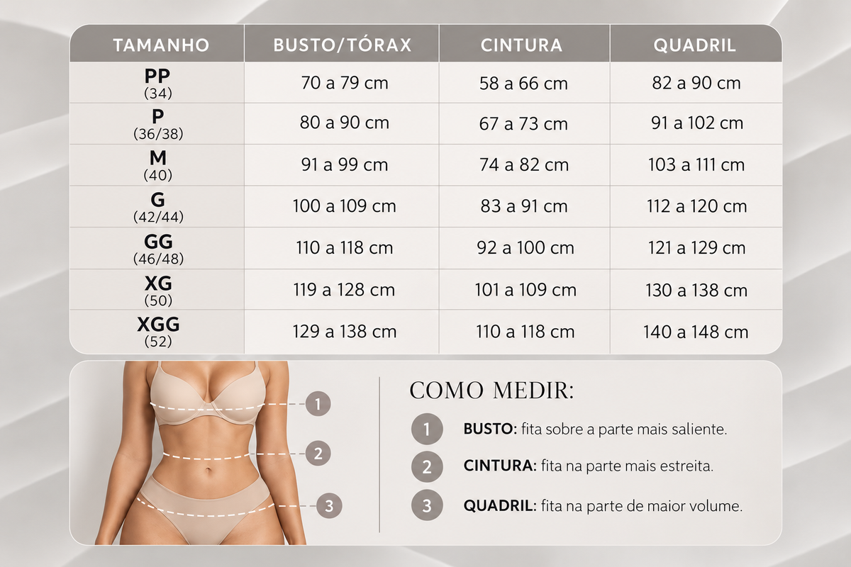 Tabela de medidas do body modelador Aurora com busto, cintura e quadril do PP ao XGG