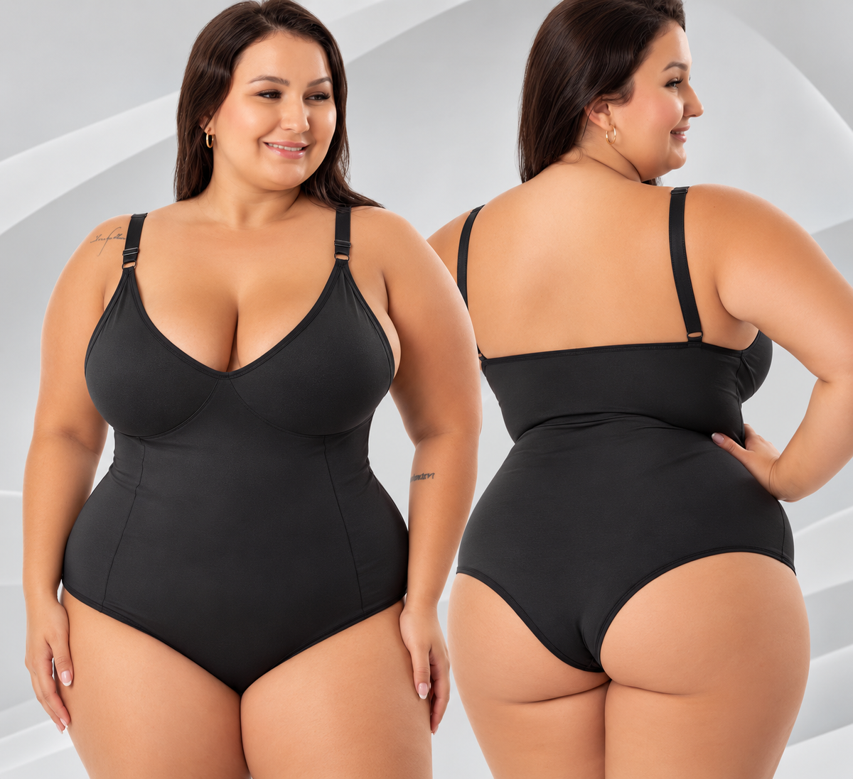 Body modelador Aurora preto em modelo plus size, de frente e de costas