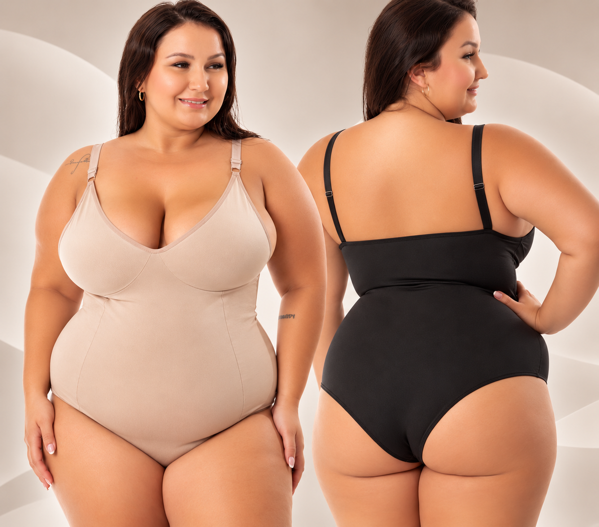 Body modelador Aurora bege de frente e preto de costas em modelo plus size