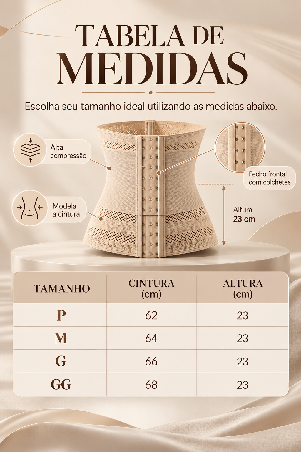 Tabela de medidas da cinta modeladora Bellacurve com a cintura de cada tamanho e 23 cm de altura