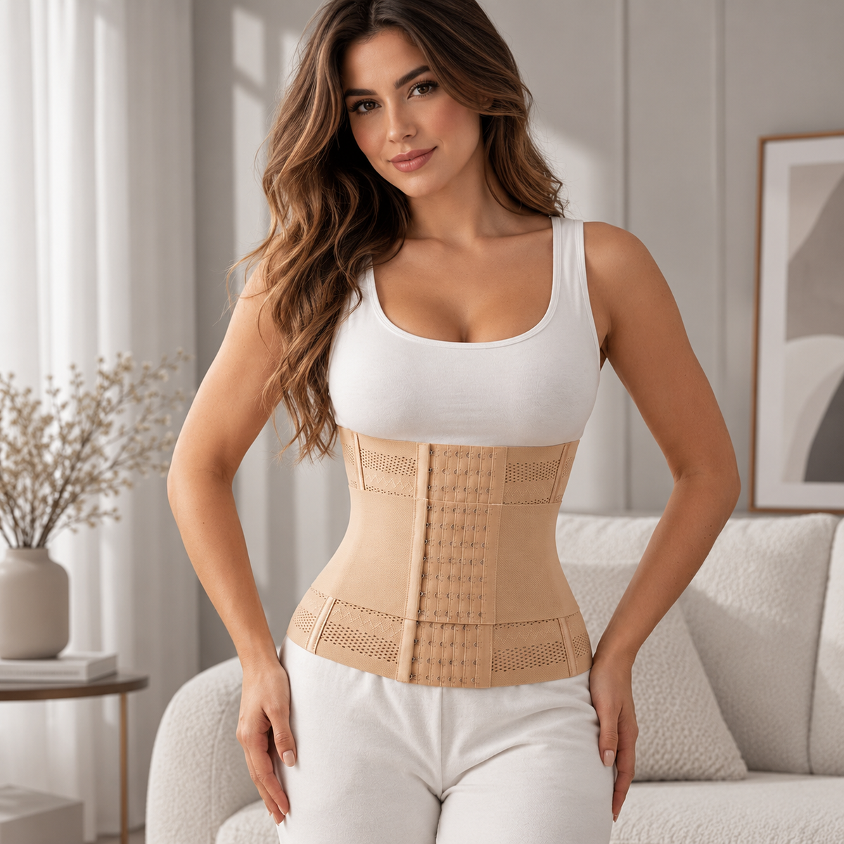 Cinta modeladora Bellacurve bege usada com regata branca em ambiente de sala