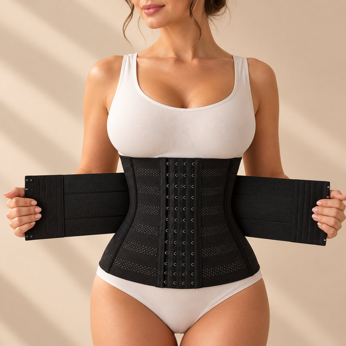 Cinta modeladora Bellacurve preta com a faixa envolvente extra aberta nas laterais