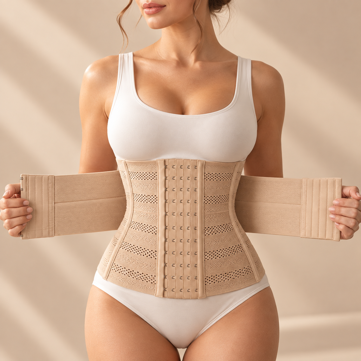 Cinta modeladora Bellacurve bege com a faixa envolvente extra aberta nas laterais