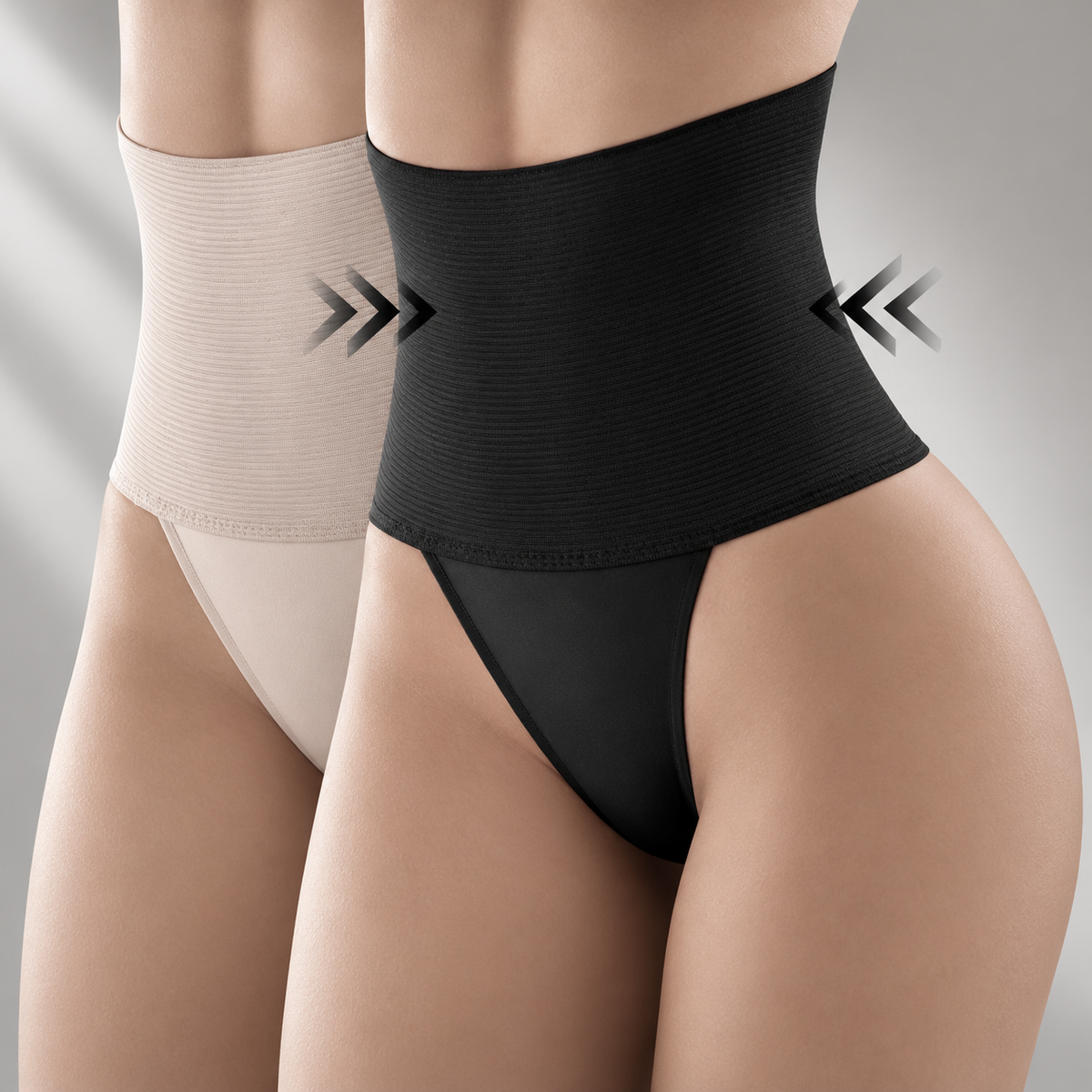 Calcinhas com cinta Aconchego bege e preta vestidas lado a lado, com a faixa alta na cintura