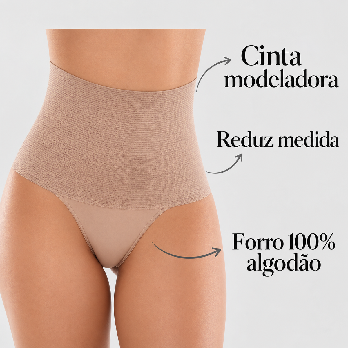 Calcinha com cinta Aconchego bege vestida de frente, com detalhes da cinta e do forro de algodão