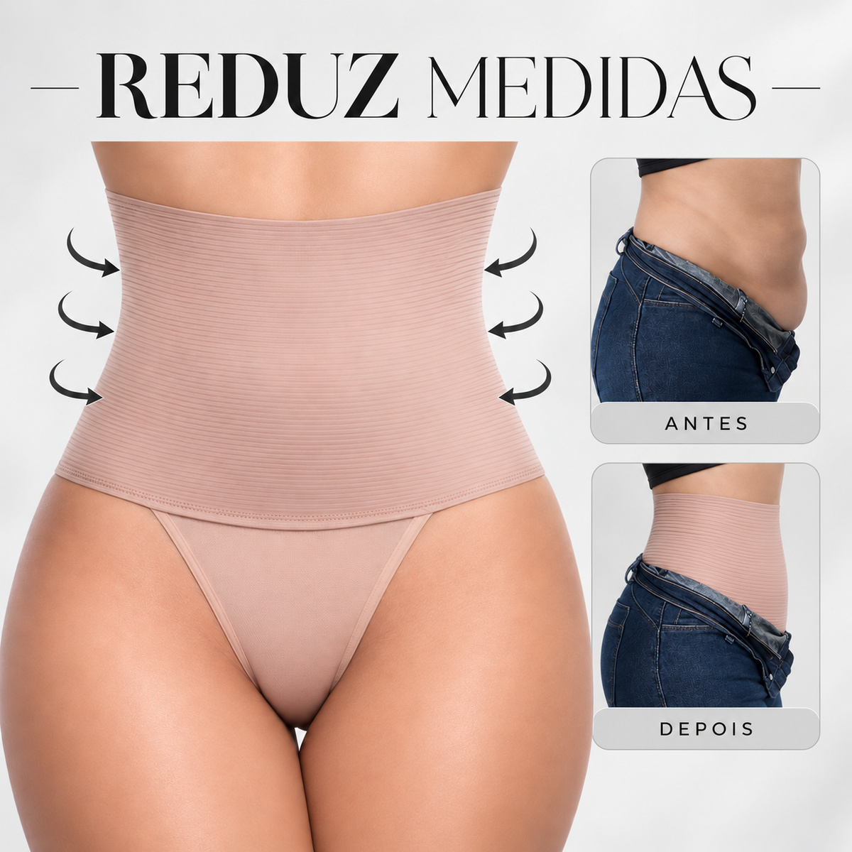 Calcinha com cinta Aconchego bege de frente e comparação da barriga com calça jeans, sem e com a peça