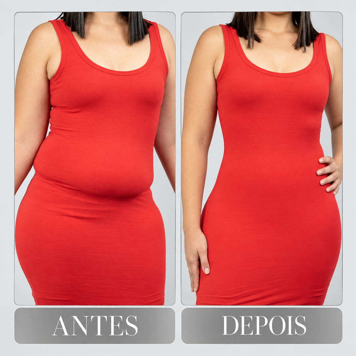 Comparação de silhueta com vestido vermelho justo, sem e com a calcinha com cinta Aconchego