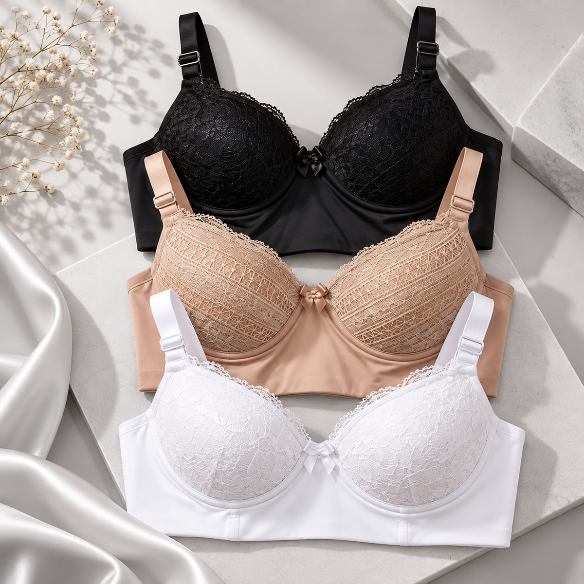 Sutiãs cropped Bellalace preto, bege e branco empilhados sobre superfície de mármore