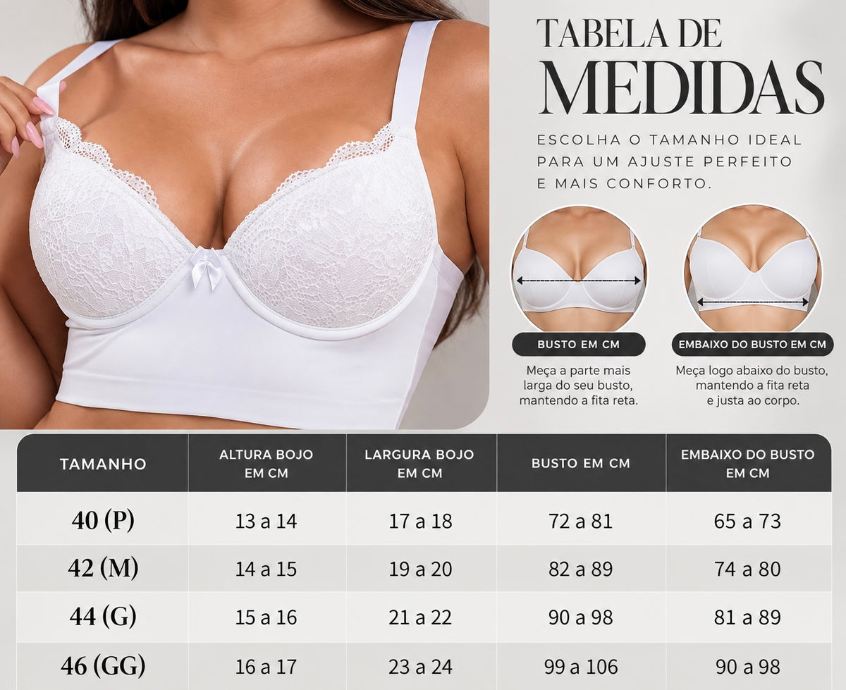 Tabela de medidas do sutiã cropped Bellalace com bojo, busto e embaixo do busto do P ao GG