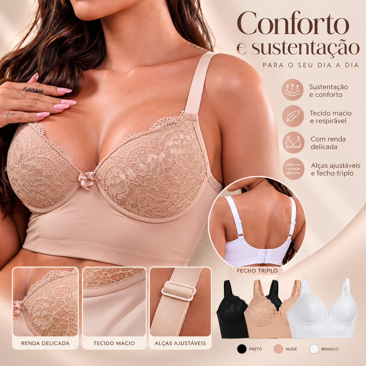Sutiã cropped Bellalace bege com detalhes da renda, do tecido, das alças ajustáveis e do fecho triplo
