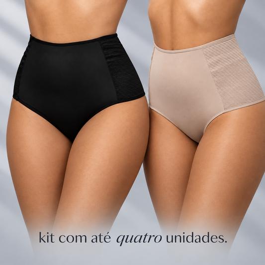 Calcinhas modeladoras Bellafirm preta e nude de cintura alta vestidas lado a lado