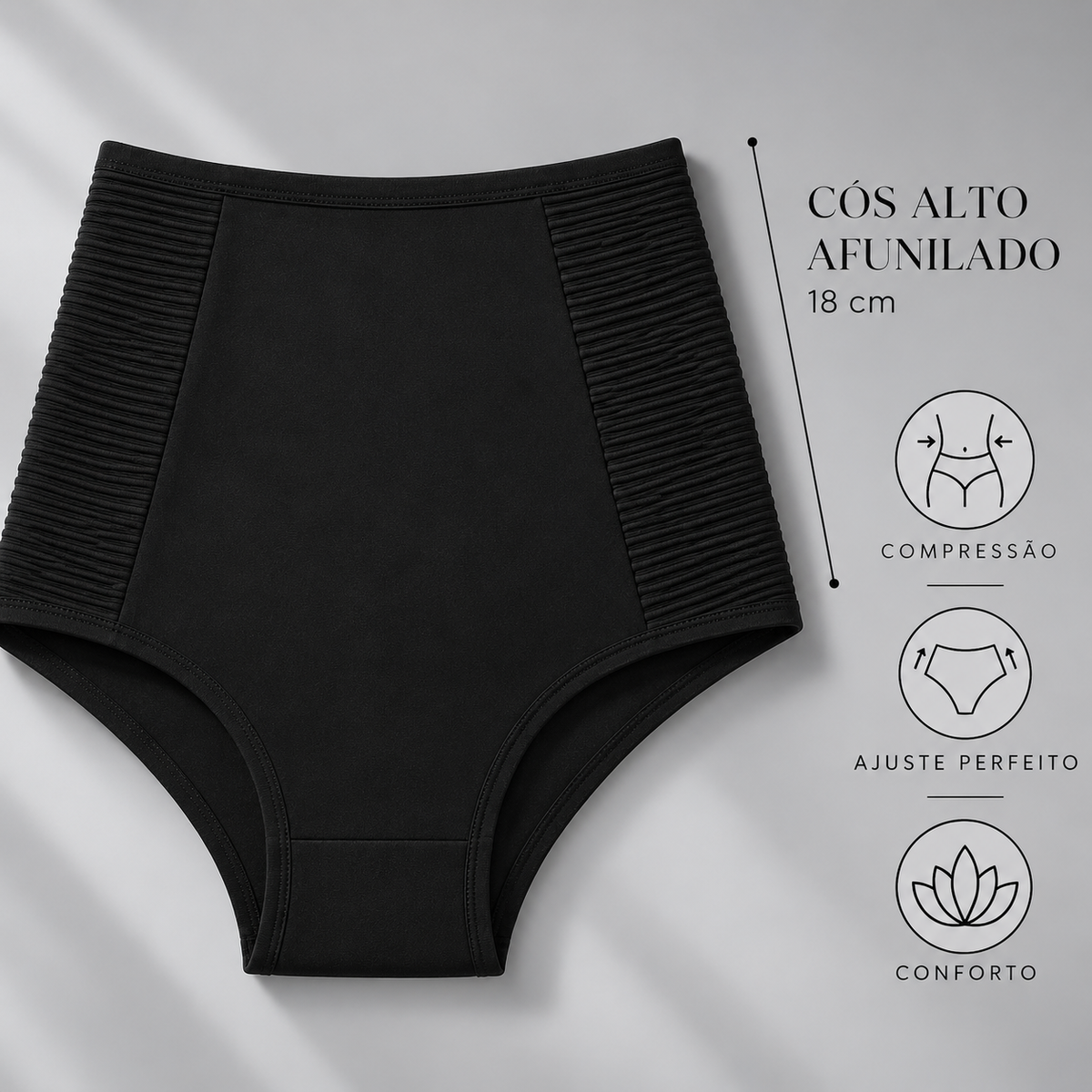 Calcinha modeladora Bellafirm preta aberta, com destaque para o cós alto afunilado de 18 cm