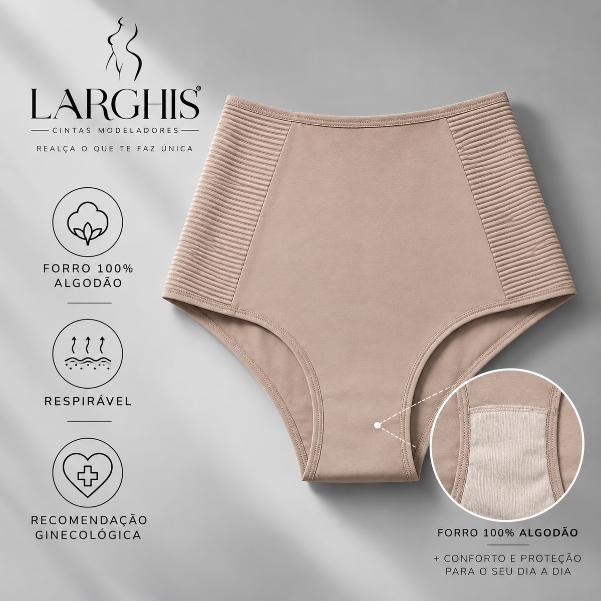 Calcinha modeladora Bellafirm nude com detalhe do forro 100% algodão no fundo