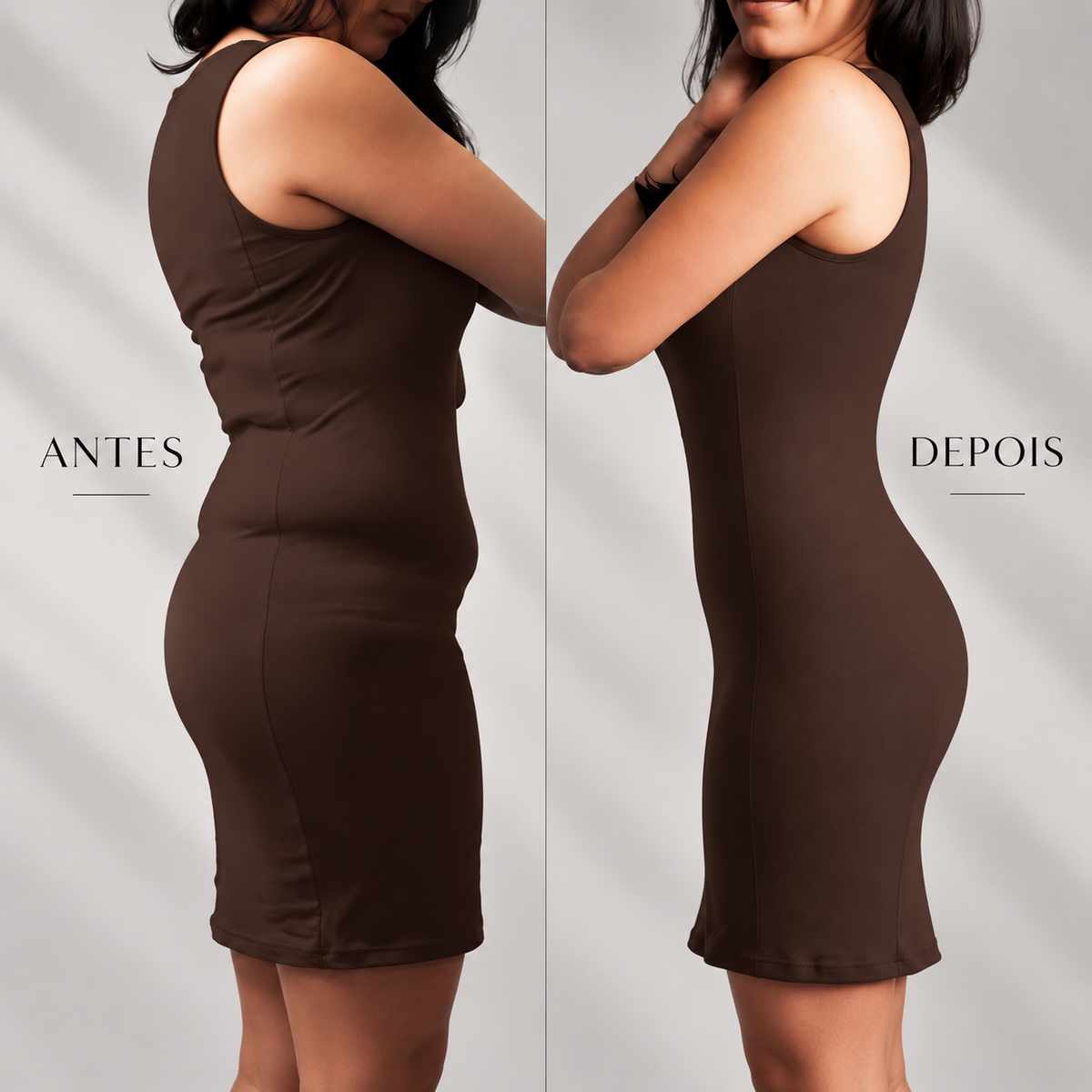 Comparação de silhueta de perfil com vestido justo, sem e com a calcinha modeladora Bellafirm