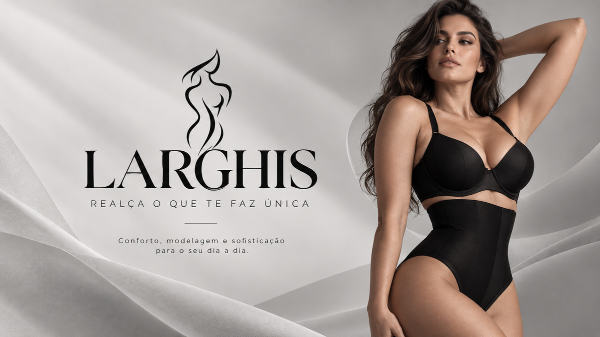 Larghis: realça o que te faz única. Modelo vestindo sutiã e calcinha modeladora de cintura alta pretos