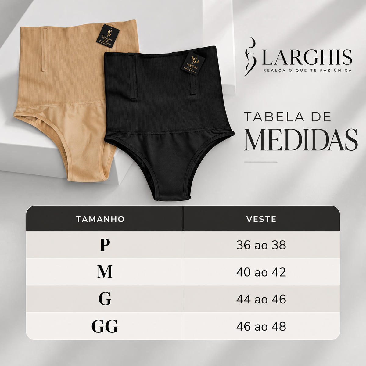 Tabela de medidas da calcinha modeladora Serena, do P ao GG