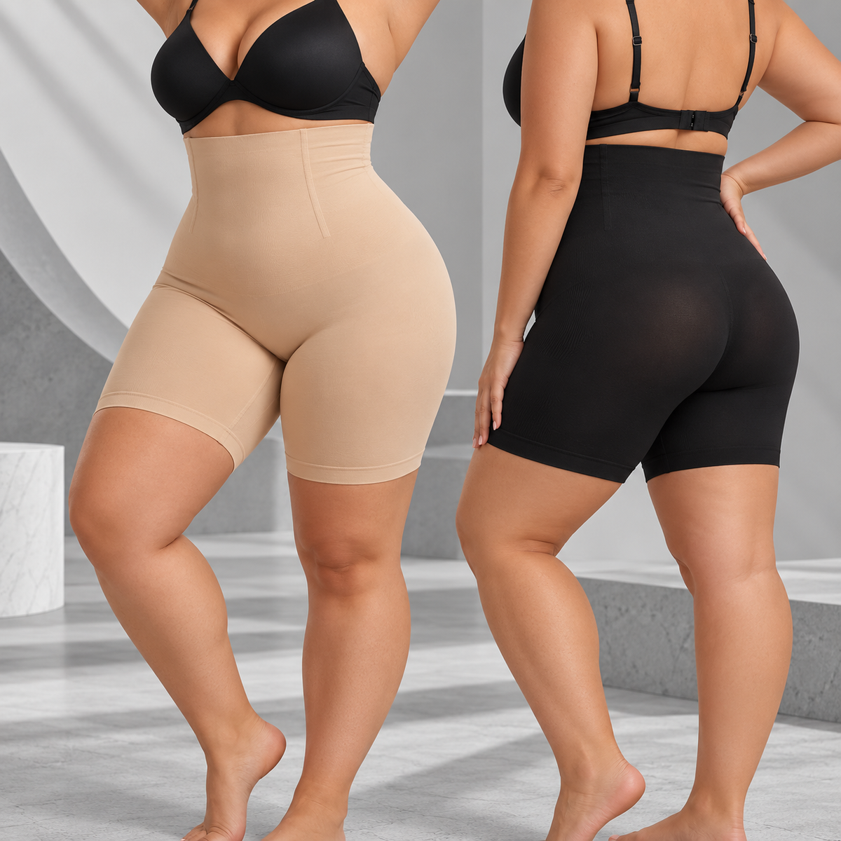 Short modelador Bellaform nas cores bege e preto vestido por duas modelos, de frente e de costas