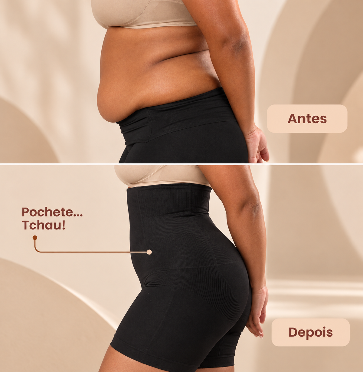 Comparação de perfil antes e depois de vestir o short modelador Bellaform preto