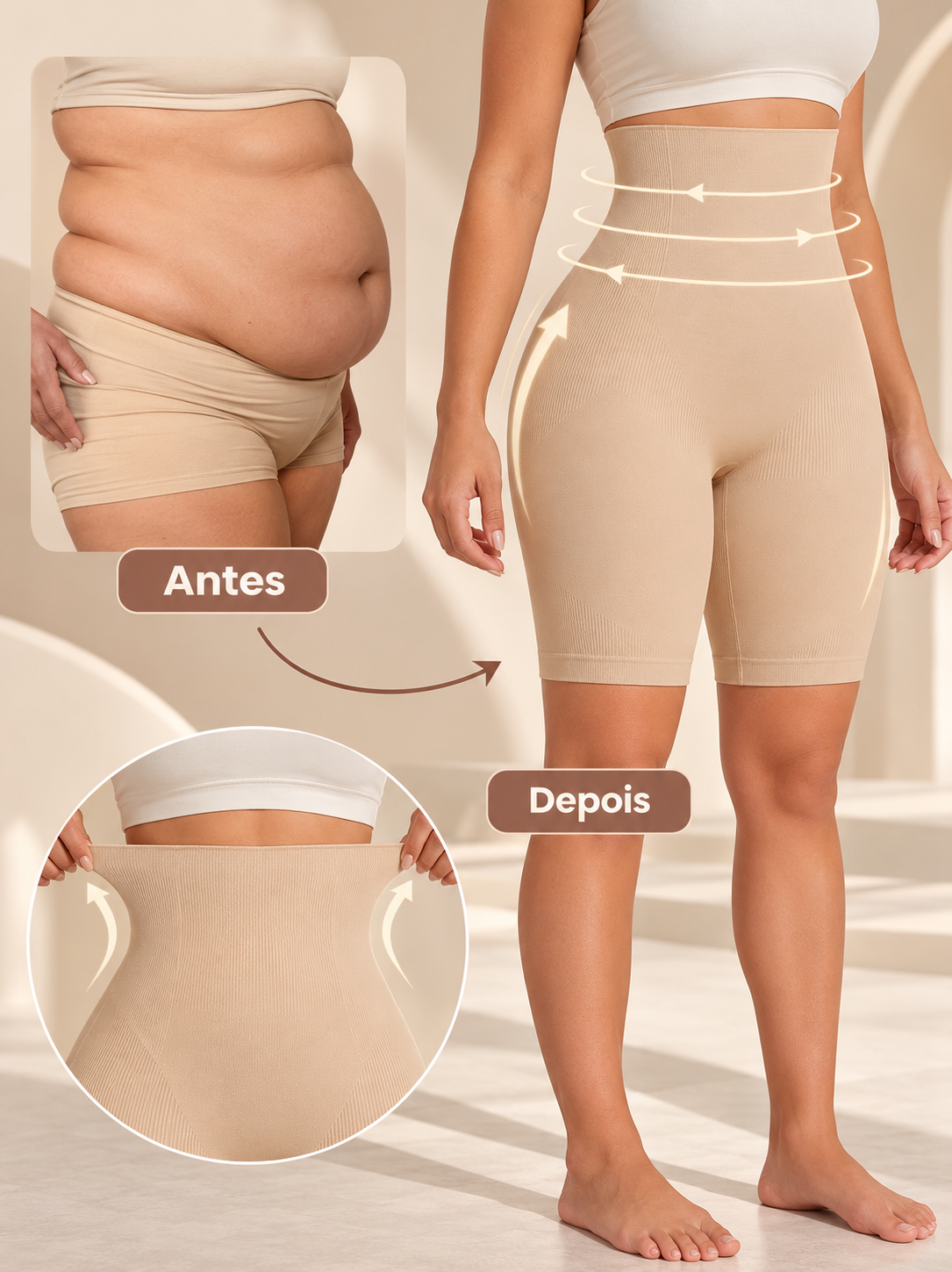 Comparação antes e depois com o short modelador Bellaform bege na cintura e no quadril