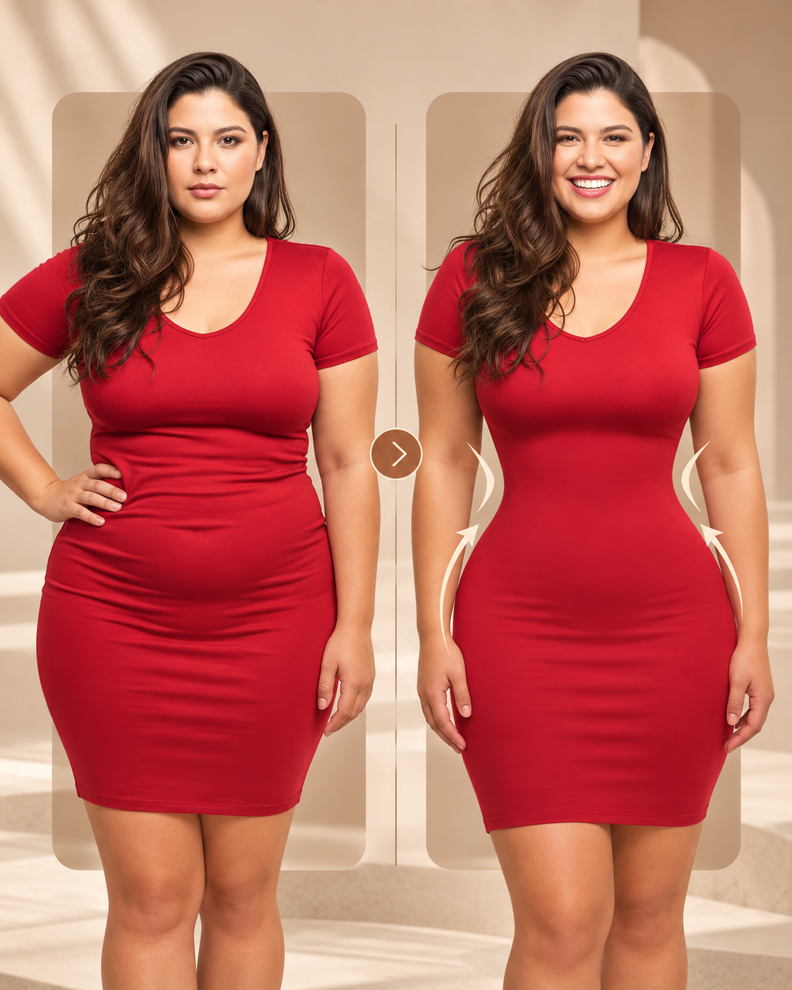 Comparação de silhueta com vestido vermelho justo, sem e com o short modelador Bellaform