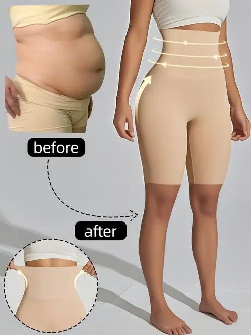Antes e depois com o short modelador Bellaform bege, com destaque para a compressão na cintura
