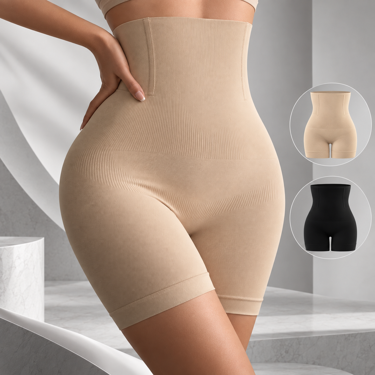Short modelador Bellaform bege de cintura alta visto de lado, com miniaturas das cores bege e preta