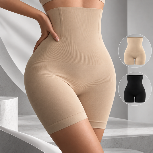 Short modelador Bellaform bege de cintura alta visto de lado, com miniaturas das cores bege e preta