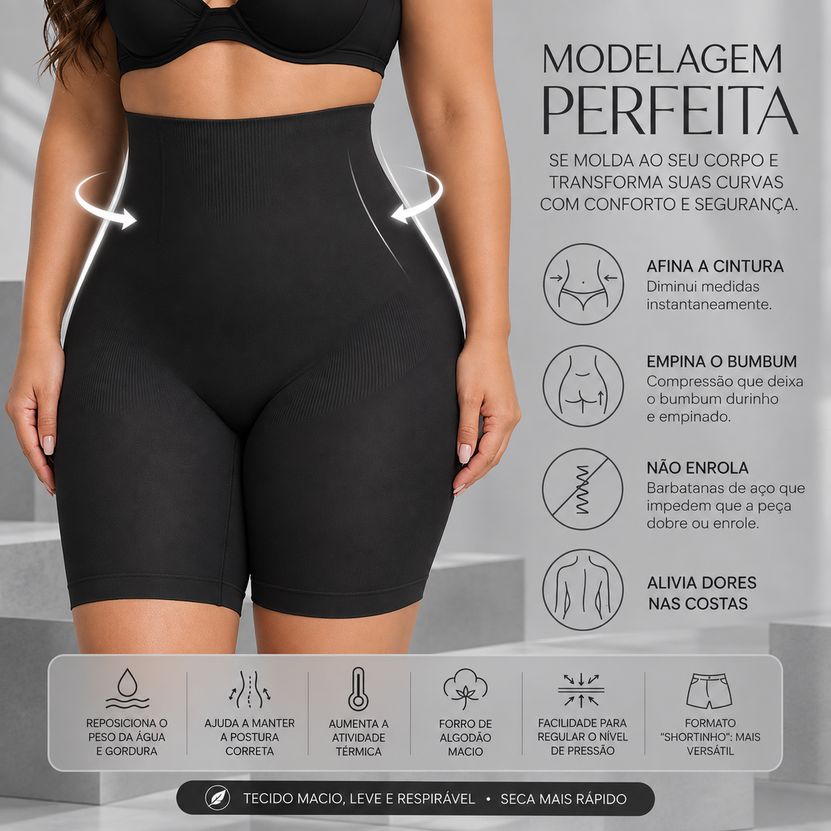 Infográfico do short modelador Bellaform preto com as principais características da peça