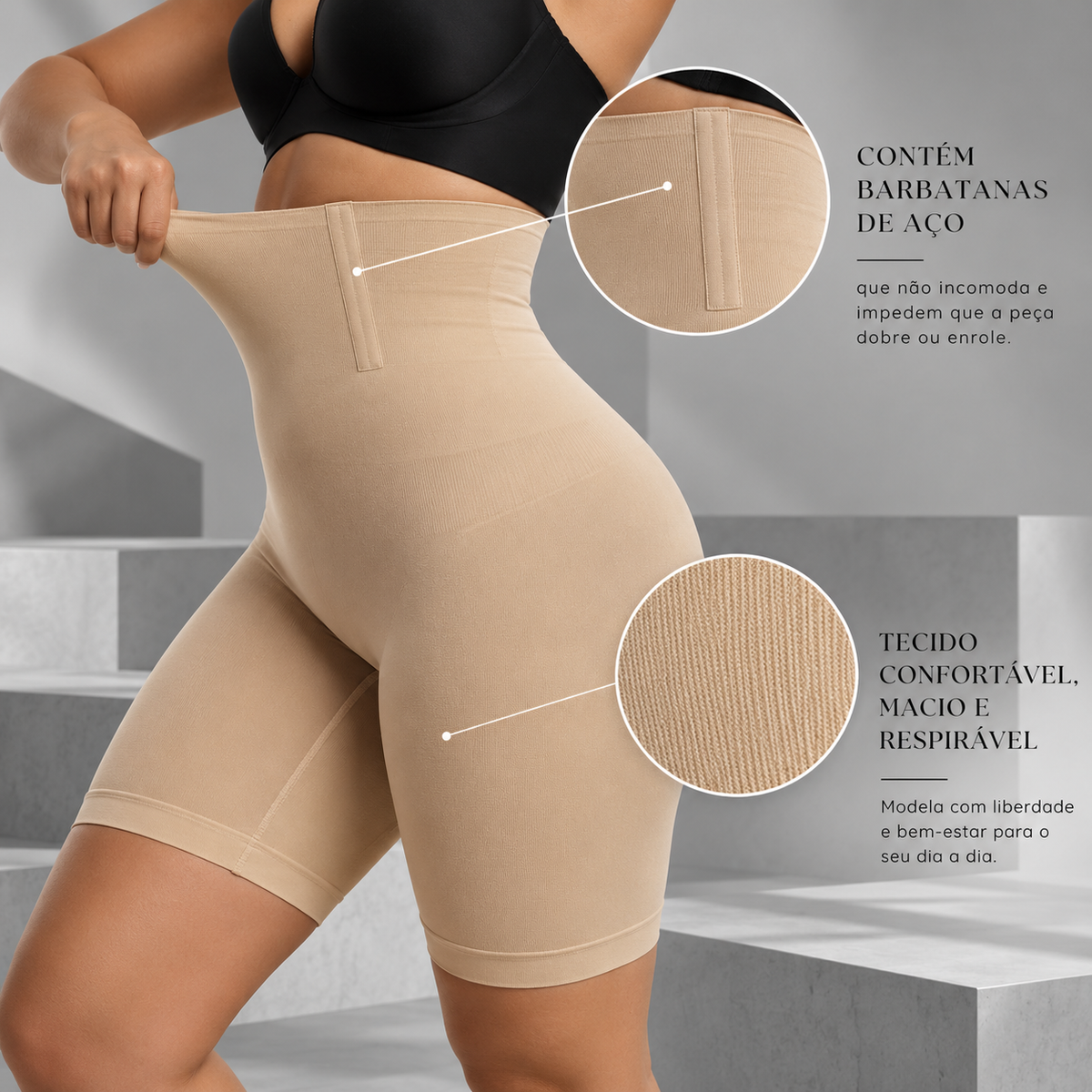 Detalhe das barbatanas de aço no cós e da malha canelada do short modelador Bellaform bege