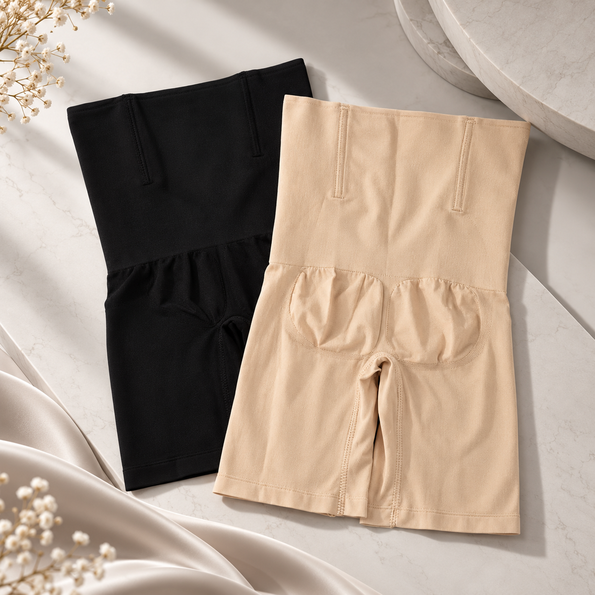 Shorts modeladores Bellaform preto e bege abertos sobre superfície de mármore